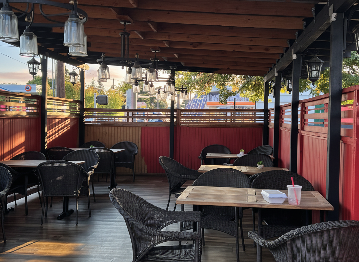 The covered patio features dark wicker tables and chairs under a wooden ceiling with hanging industrial lamps.