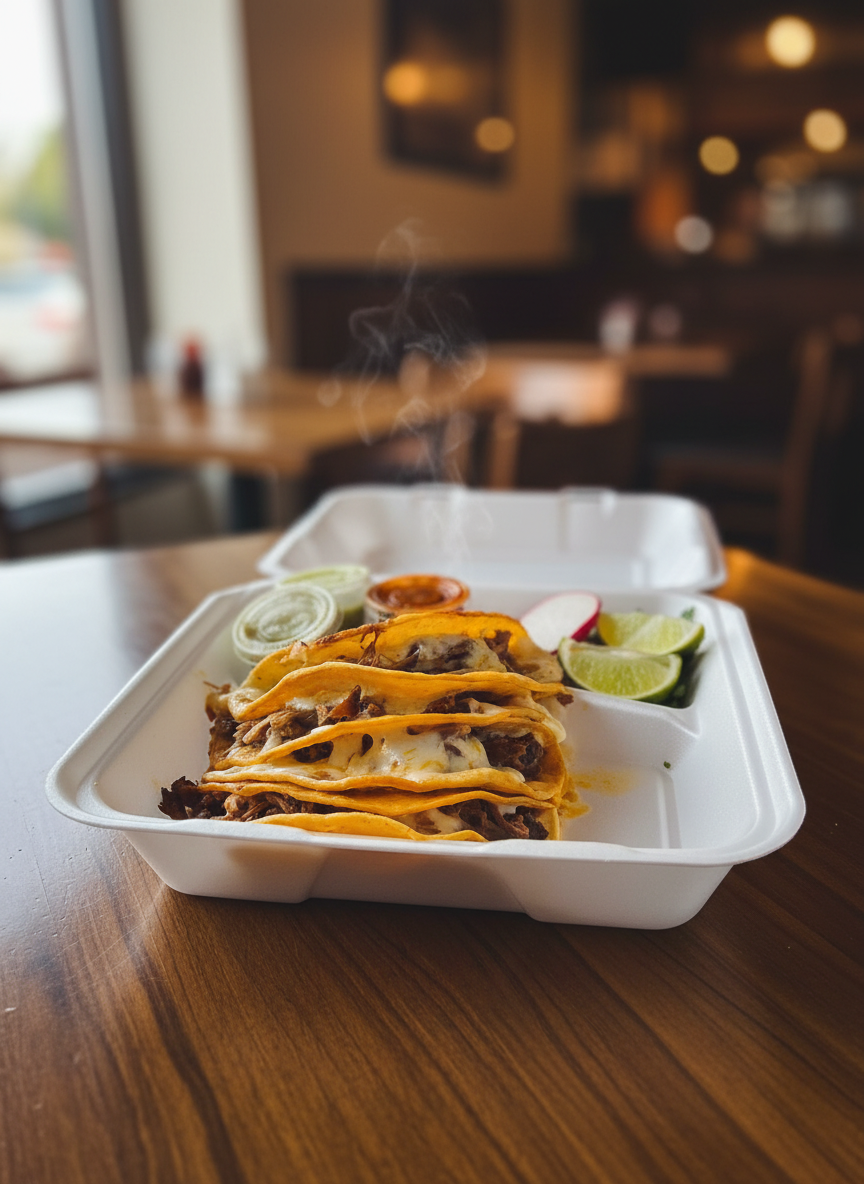 A stack of cheesy quesadillas is presented in a white takeout container with lime wedges and dipping sauces.