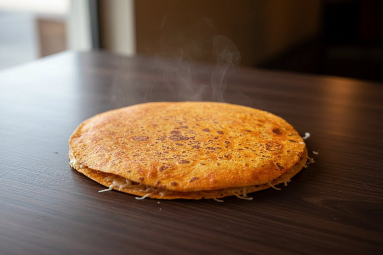 A golden-brown quesadilla with melted cheese rests on a dark, oiled griddle.