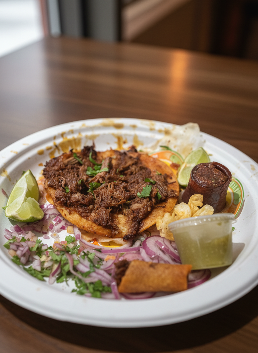 A vibrant plate of shredded meat and onions served on a crispy tostada with fresh lime wedges.