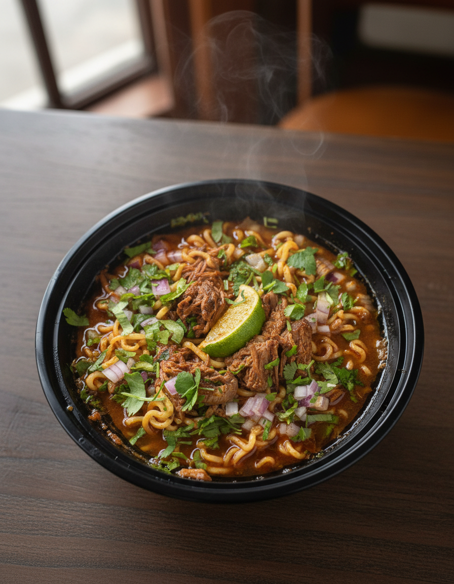 A dark bowl filled with savory noodle soup, topped with shredded beef, red onions, and fresh cilantro.