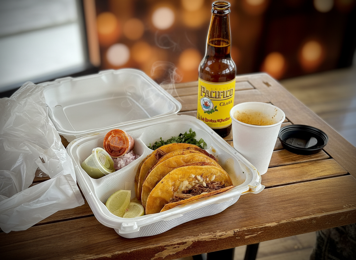 Fresh tacos, lime wedges, and dipping sauce are arranged in a white takeout container on a rustic wooden table.